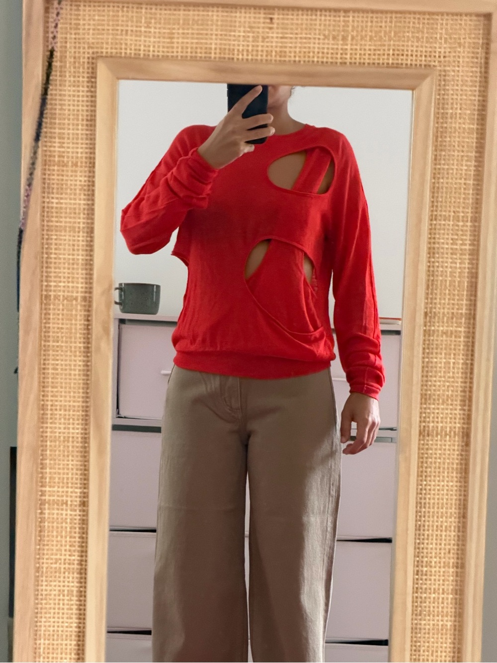 NEW Helmut Lang Wool Red/Orange Cutout Crewneck Sweater Size M